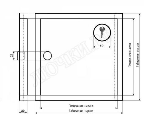 Люк сантехнический пожарный 400*300, петли справа, Отверстие справа-сверху Люк сантехнический пожарный 400*300, петли справа, Отверстие справа-сверху
